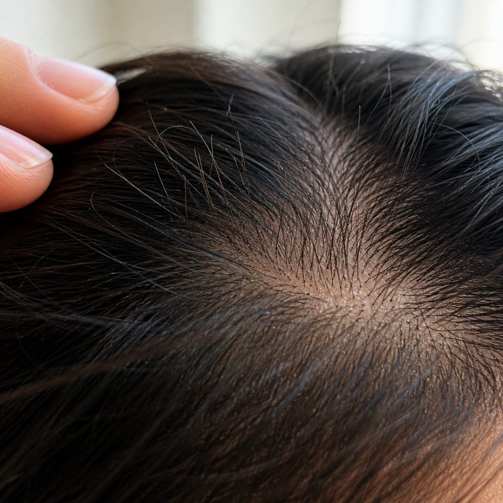 Close-up of short regrowth hairs along the hairline after bariatric surgery