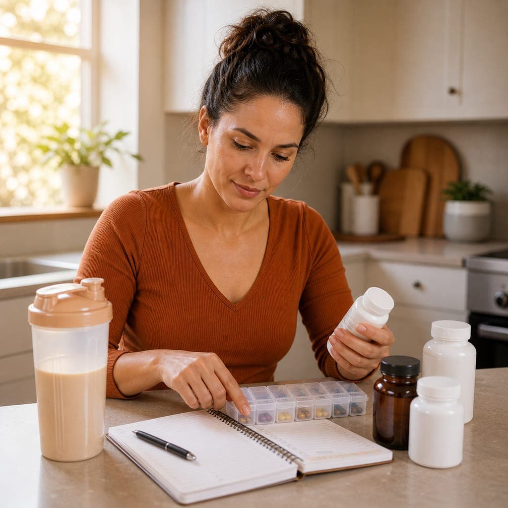 Bariatric patient organizing protein, iron, zinc, and calcium supplements on a kitchen counter